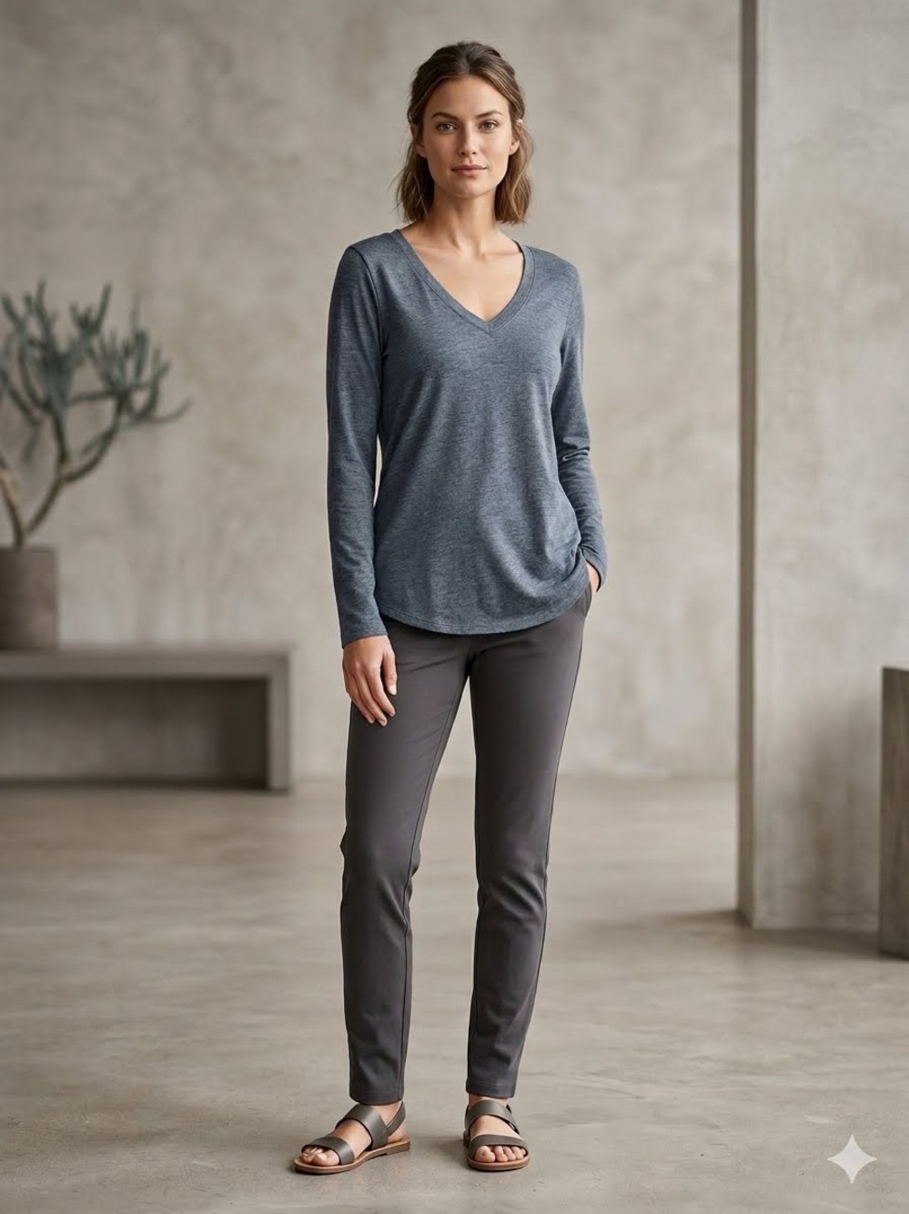 Chaser Women's Long Sleeve V-Neck Tee in Heather Blue